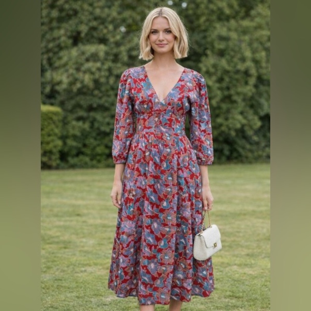 Caroline Constas Red and Blue Floral V-Neck Long Sleeve dress size m